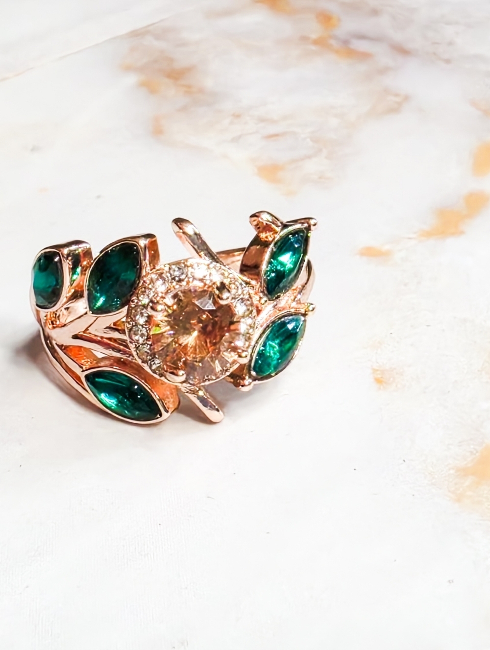 Rose Gold Leaf & Vine Ring Amber Citrine Center Green Marquise Size 7